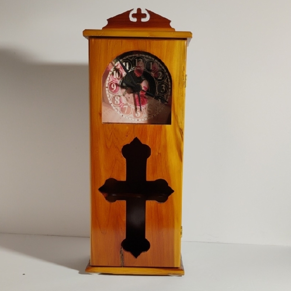 Wooden Cedar Pink Rose Clock Trinket Box with Holy Cross Design Handmade Tested